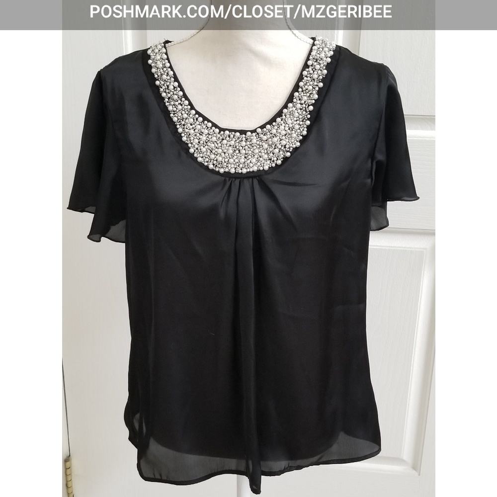 Black top with faux pearl neckline